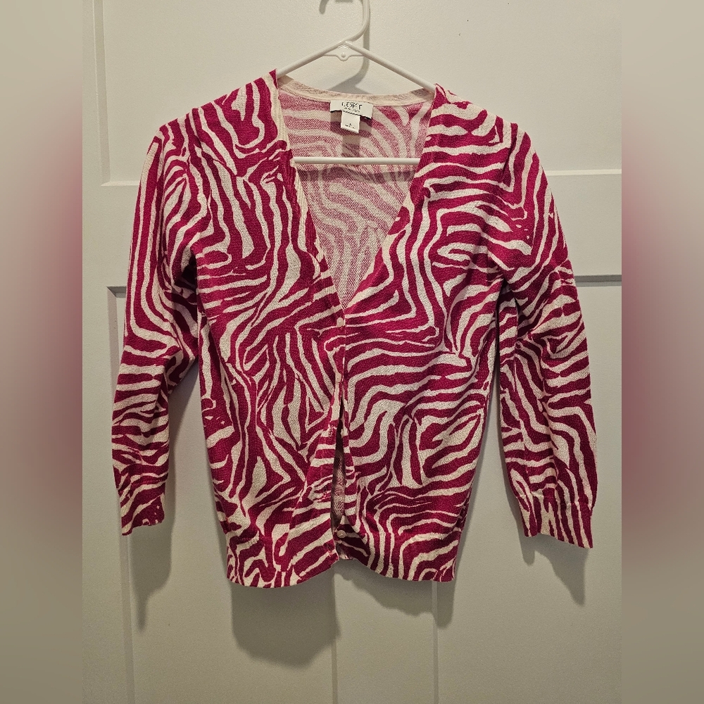 Loft Ann Taylor Pink And White Zebra Print Cardigan Button Up Women Size Small